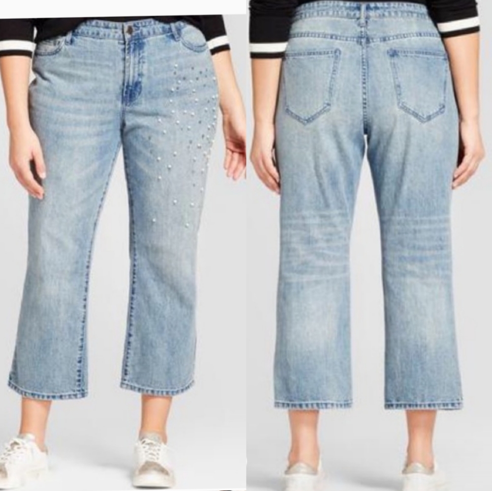Who What Wear Peal Embroidered Denim Crop Jeans